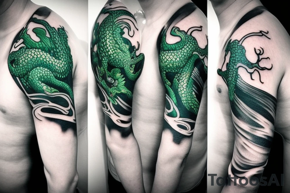 shoulder sleeve tattoo green japanese dragon climbing ridgeline with sharp claws breaking rocks away, silky hair

https://images.app.goo.gl/b7mZwAup5FWrHbAQ6

high detail
short hair
abstract empty spaces tattoo idea