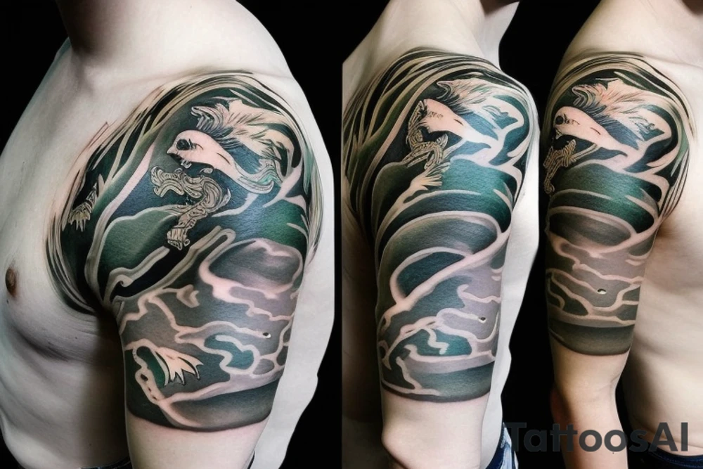 shoulder sleeve tattoo green japanese dragon climbing ridgeline with sharp claws breaking rocks away, silky hair

https://images.app.goo.gl/b7mZwAup5FWrHbAQ6

high detail
short hair
abstract empty spaces tattoo idea