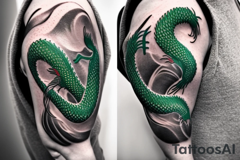 shoulder sleeve tattoo green japanese dragon climbing ridgeline with sharp claws breaking rocks away, silky hair

https://images.app.goo.gl/b7mZwAup5FWrHbAQ6

high detail
short hair
abstract empty spaces tattoo idea