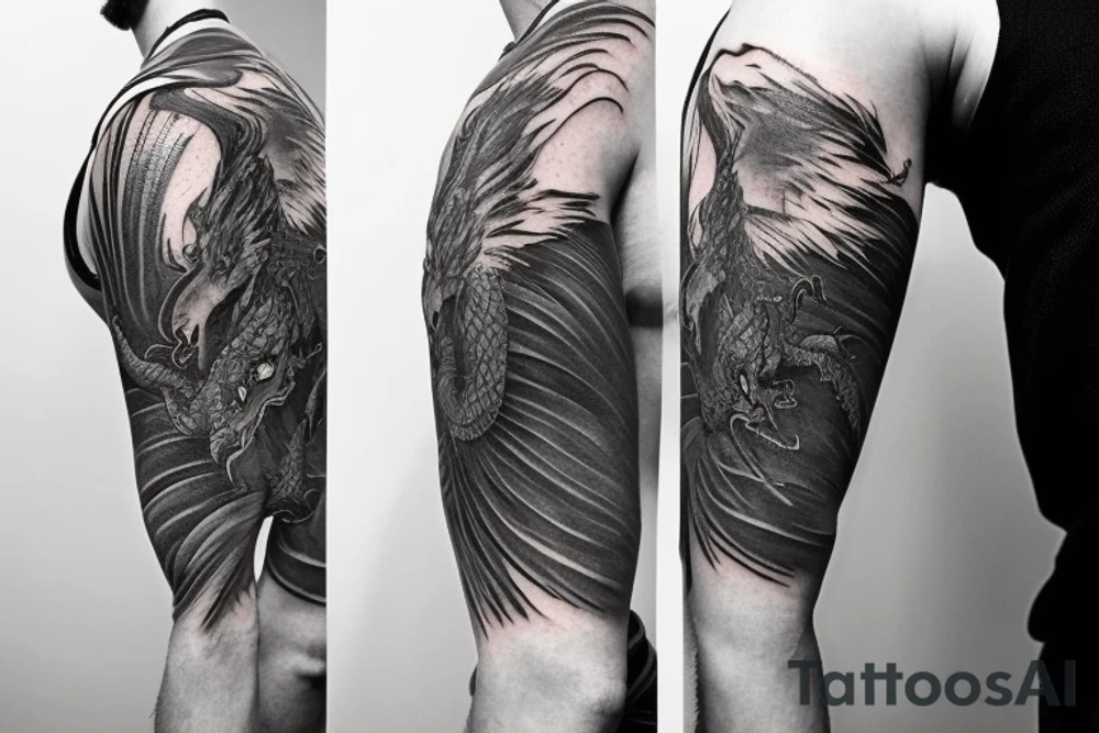 shoulder sleeve tattoo green japanese  winged dragon climbing ridgeline with sharp claws breaking rocks away, silky hair

https://images.app.goo.gl/b7mZwAup5FWrHbAQ6

high detail
short hair
abstract empty spaces tattoo idea