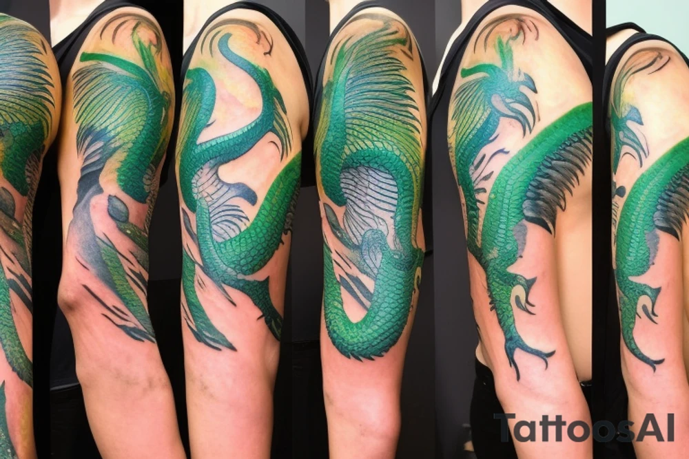 shoulder sleeve tattoo green japanese  winged dragon climbing ridgeline with sharp claws breaking rocks away, silky hair

https://images.app.goo.gl/b7mZwAup5FWrHbAQ6

high detail
short hair
abstract empty spaces tattoo idea