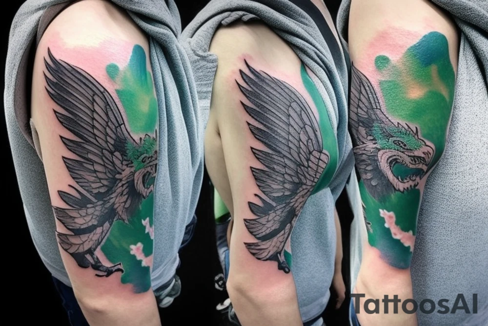 shoulder sleeve tattoo green japanese  winged dragon climbing moutain with sharp claws breaking rocks away, silky hair

https://images.app.goo.gl/b7mZwAup5FWrHbAQ6

high detail
short hair
abstract empty spaces tattoo idea