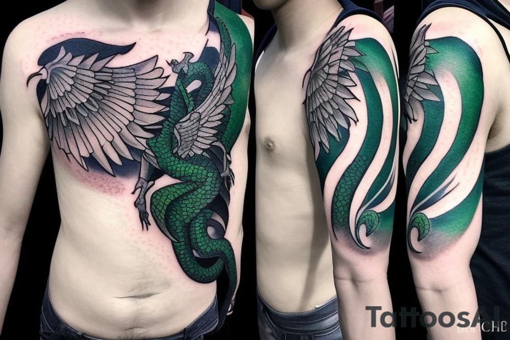 shoulder sleeve tattoo green japanese  winged dragon climbing moutain with sharp claws breaking rocks away, silky hair

https://images.app.goo.gl/b7mZwAup5FWrHbAQ6

high detail
short hair
abstract empty spaces tattoo idea