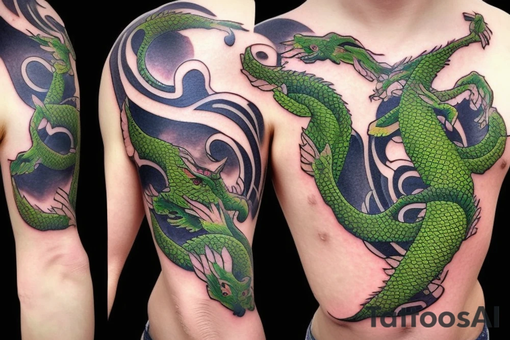 shoulder sleeve tattoo green japanese  dragon climbing moutain with sharp claws breaking rocks away, silky hair

https://images.app.goo.gl/b7mZwAup5FWrHbAQ6

high detail
short hair
abstract empty spaces tattoo idea