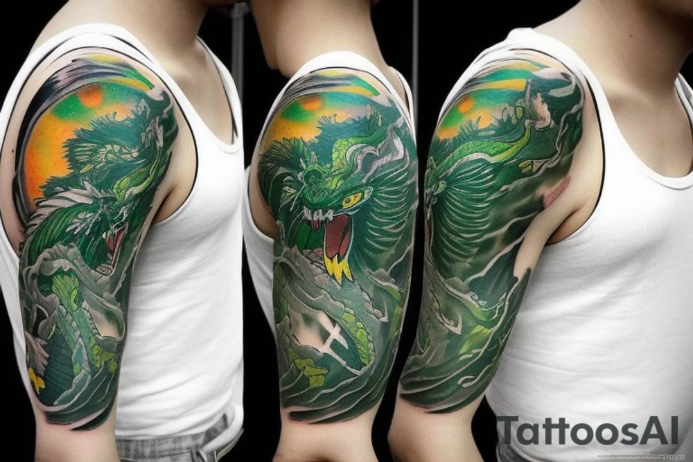 shoulder sleeve tattoo green japanese  dragon climbing moutain with sharp claws breaking rocks away, silky hair

https://images.app.goo.gl/b7mZwAup5FWrHbAQ6

high detail
short hair
abstract empty spaces tattoo idea