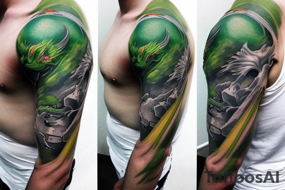 shoulder sleeve tattoo green japanese  dragon climbing moutain with sharp claws breaking rocks away, silky hair

https://images.app.goo.gl/b7mZwAup5FWrHbAQ6

high detail
short hair
abstract empty spaces tattoo idea