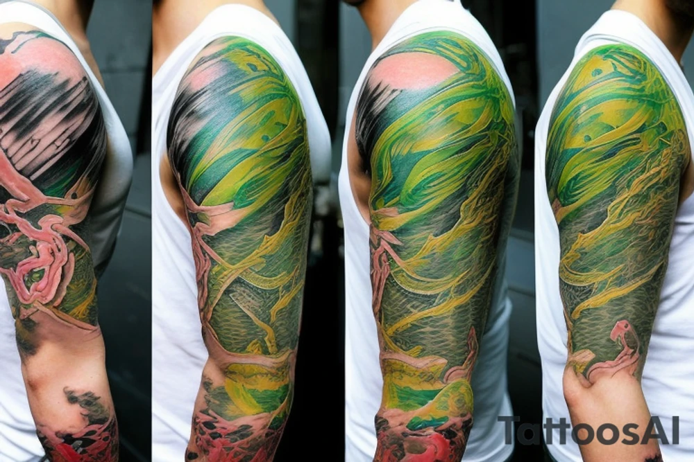 shoulder sleeve tattoo green japanese  dragon climbing moutain with sharp claws breaking rocks away, silky hair

https://images.app.goo.gl/b7mZwAup5FWrHbAQ6

high detail
short hair
abstract empty spaces tattoo idea