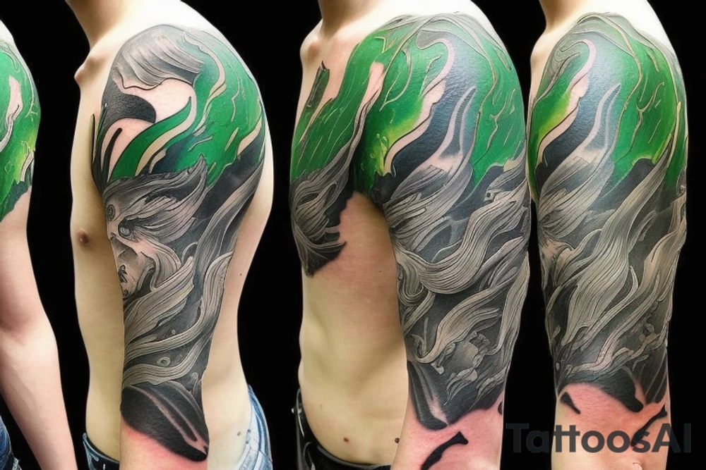 shoulder sleeve tattoo green japanese  dragon climbing moutain with long sharp claws breaking rocks away, silky hair

https://images.app.goo.gl/b7mZwAup5FWrHbAQ6

high detail
short hair
abstract empty spaces tattoo idea