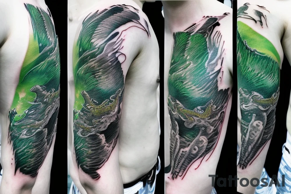 shoulder sleeve tattoo green japanese  dragon climbing moutain with long sharp claws breaking rocks away, silky hair

https://images.app.goo.gl/b7mZwAup5FWrHbAQ6

high detail
short hair
abstract empty spaces tattoo idea