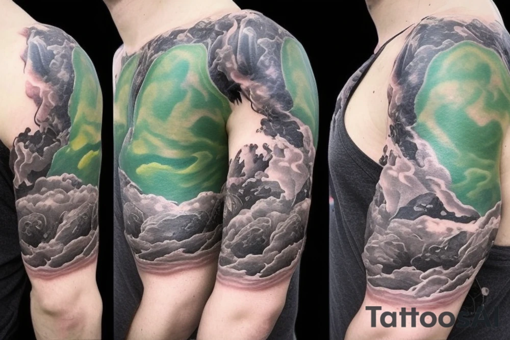 shoulder sleeve tattoo green japanese  dragon climbing moutain with long sharp claws breaking rocks away, silky hair

https://images.app.goo.gl/b7mZwAup5FWrHbAQ6

high detail
short hair
abstract empty spaces
hidden pictures
clouds tattoo idea
