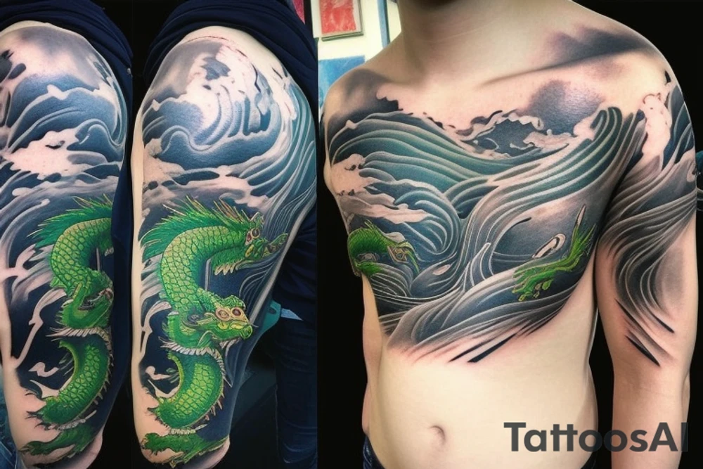shoulder sleeve tattoo green japanese  dragon climbing moutain with long sharp claws breaking rocks away, silky hair

https://images.app.goo.gl/b7mZwAup5FWrHbAQ6

high detail
short hair
abstract empty spaces
hidden pictures
clouds tattoo idea