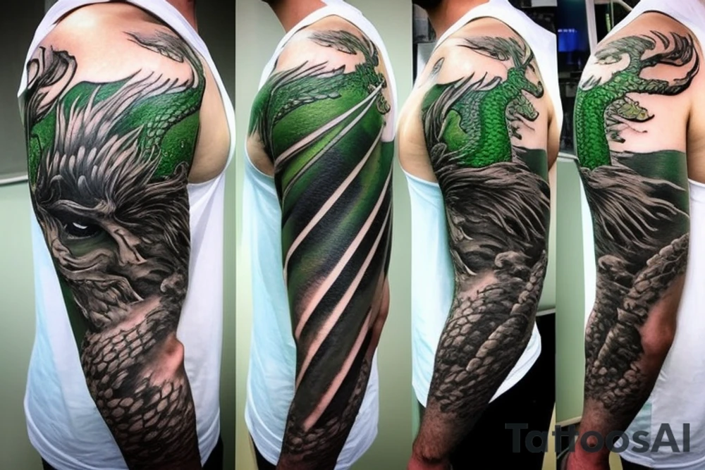 shoulder sleeve tattoo green japanese  dragon rock climbing moutain with long sharp claws breaking rocks away, silky hair

https://images.app.goo.gl/b7mZwAup5FWrHbAQ6

high detail
short hair
abstract empty spaces
hidden pictures
fog tattoo idea