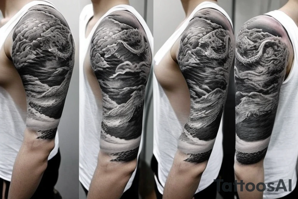 shoulder sleeve tattoo japanese  dragon rock climbing moutain with long sharp claws breaking rocks away, silky hair

https://images.app.goo.gl/b7mZwAup5FWrHbAQ6

high detail
short hair
abstract empty spaces
hidden pictures
fog tattoo idea