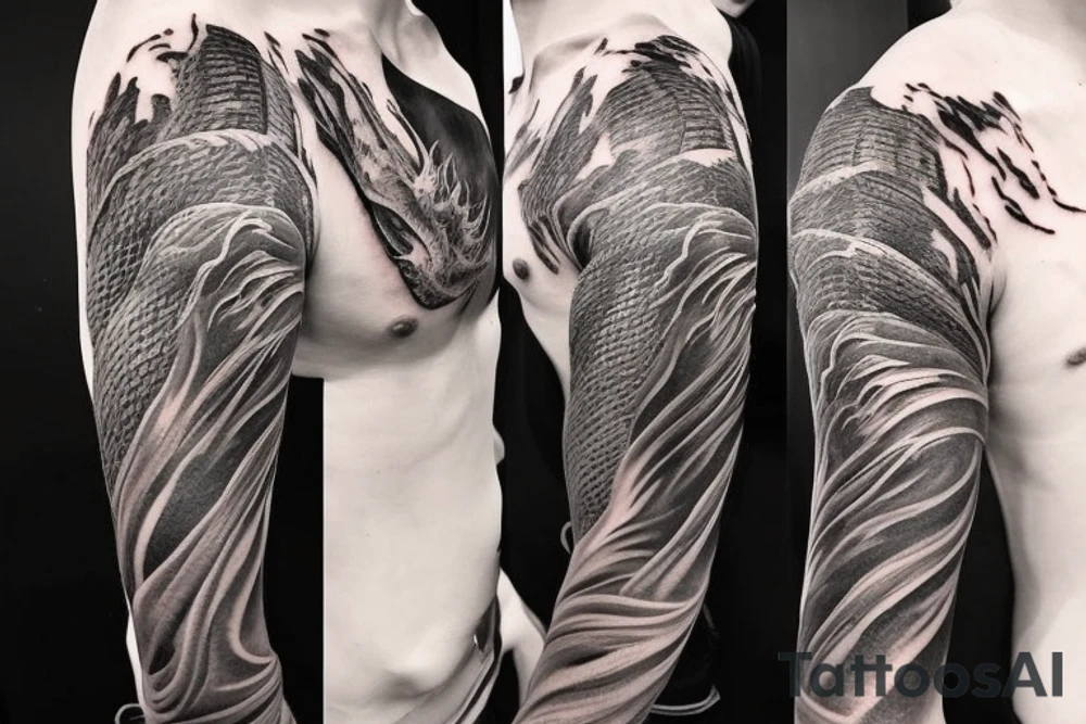 shoulder sleeve tattoo Japanese  dragon rock climbing mountain with long sharp claws breaking rocks away, silky hair

https://images.app.goo.gl/b7mZwAup5FWrHbAQ6

high detail
short hair
abstract empty spaces
hidden pictures
fog tattoo idea