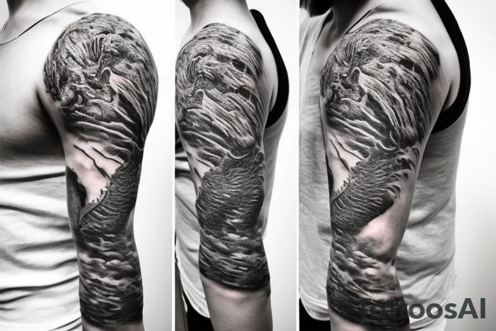 shoulder sleeve tattoo Japanese  dragon rock climbing mountain with long sharp claws breaking rocks away, silky hair

https://images.app.goo.gl/b7mZwAup5FWrHbAQ6

high detail
short hair
abstract empty spaces
hidden pictures
fog tattoo idea