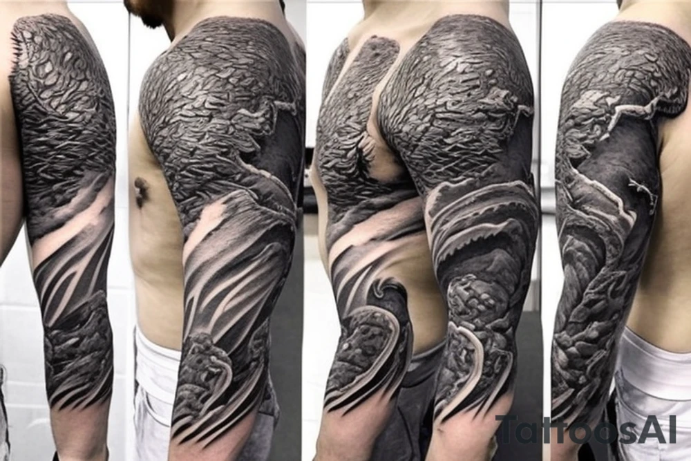 shoulder sleeve tattoo Japanese  dragon rock climbing mountain with long sharp claws breaking rocks away, silky hair

https://images.app.goo.gl/b7mZwAup5FWrHbAQ6

high detail
short hair
abstract empty spaces
hidden pictures
fog tattoo idea
