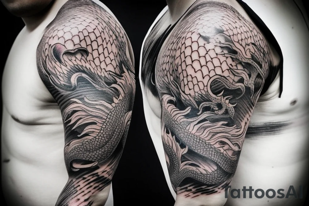 shoulder sleeve tattoo Japanese  dragon rock climbing mountain with long sharp claws breaking rocks away, silky hair

high detail
short hair
abstract empty spaces
hidden pictures
fog
7 zoomed in pictures tattoo idea
