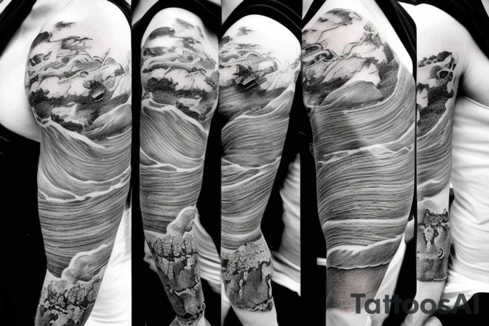 shoulder sleeve tattoo Japanese  dragon rock climbing mountain with long sharp claws breaking rocks away, silky hair

high detail
short hair
abstract empty spaces
hidden pictures
fog
7 zoomed in pictures tattoo idea