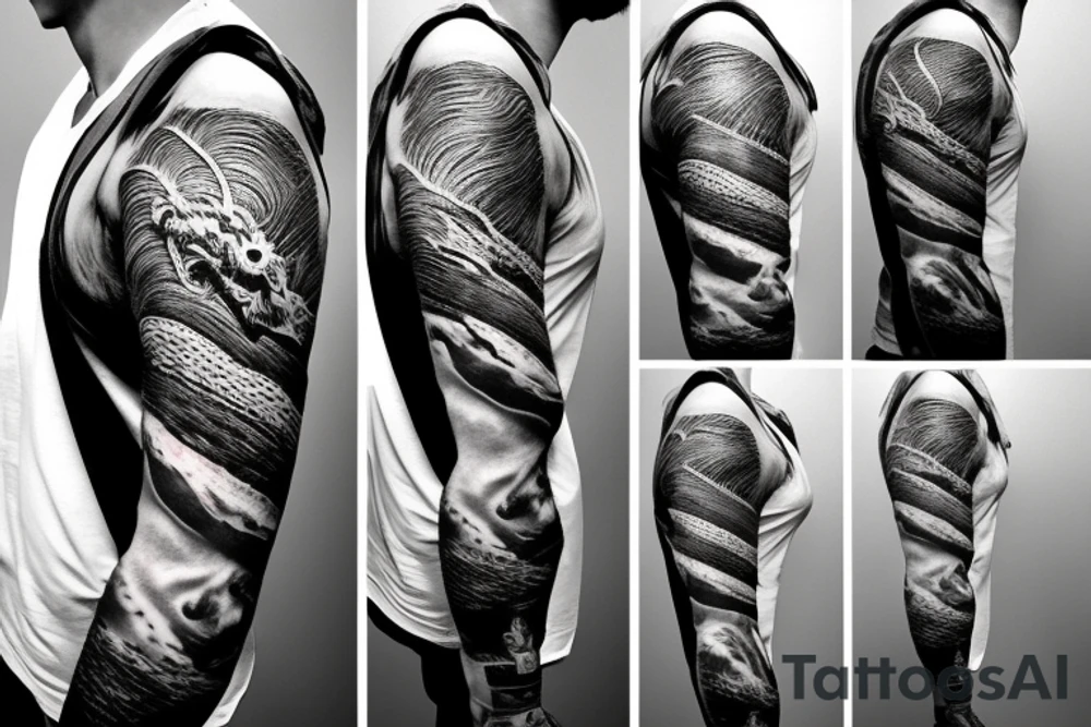 shoulder sleeve tattoo Japanese  dragon rock climbing mountain with long sharp claws breaking rocks away, silky hair

high detail
short hair
abstract empty spaces
hidden pictures
fog
7 zoomed in pictures tattoo idea