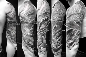 shoulder sleeve tattoo Japanese  dragon rock climbing mountain with long sharp claws breaking rocks away

high detail
short hair
abstract empty spaces
hidden pictures
fog
7 zoomed in pictures tattoo idea