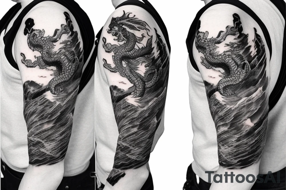 shoulder sleeve tattoo Japanese  dragon rock climbing mountain with long sharp claws breaking rocks away

high detail
short hair
abstract empty spaces tattoo idea