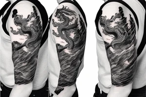 shoulder sleeve tattoo Japanese  dragon rock climbing mountain with long sharp claws breaking rocks away

high detail
short hair
abstract empty spaces tattoo idea