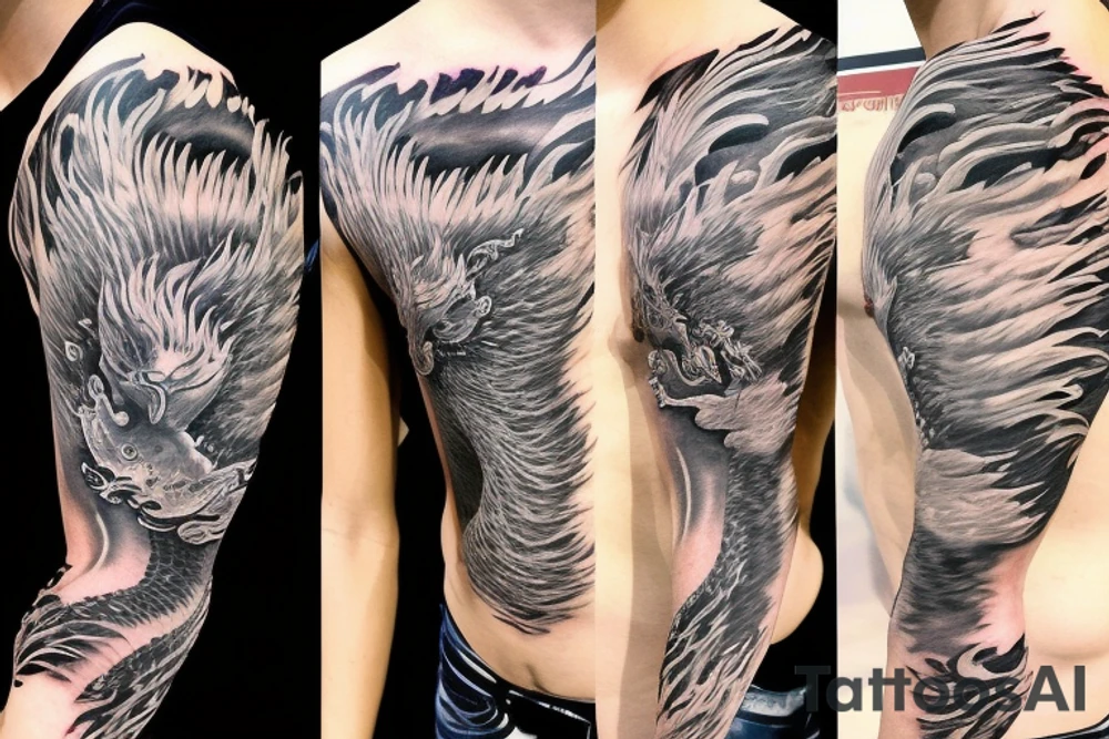 shoulder sleeve tattoo Japanese  dragon rock climbing mountain with long sharp claws breaking rocks away

high detail
short hair
abstract empty spaces tattoo idea
