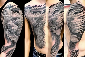 shoulder sleeve tattoo Japanese  dragon rock climbing mountain with long sharp claws breaking rocks away

high detail
short hair
abstract empty spaces tattoo idea