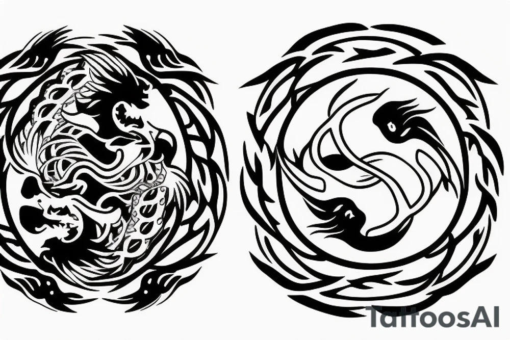 lion and dragon on top of each other yin and yang, two half circles tattoo idea