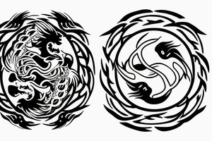 lion and dragon on top of each other yin and yang, two half circles tattoo idea