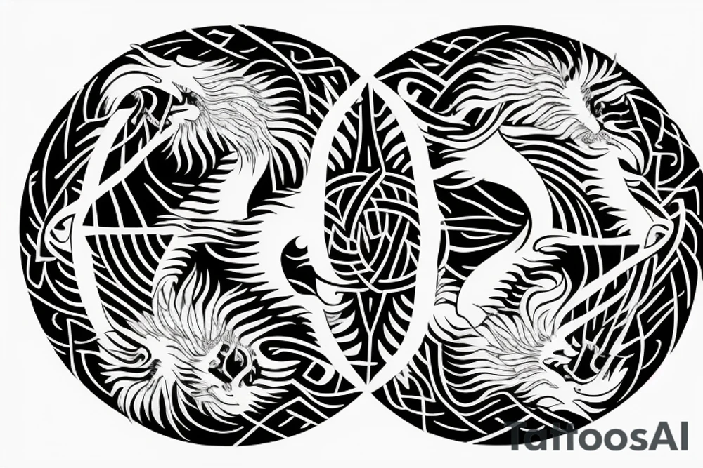 lion and dragon on top of each other yin and yang, two half circles tattoo idea