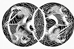 lion and dragon on top of each other yin and yang, two half circles tattoo idea
