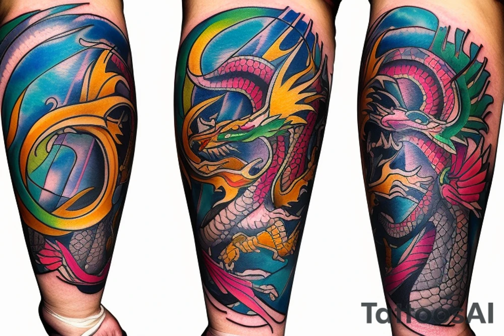 Dragon
forearm
separated by centre line
colourful tattoo idea