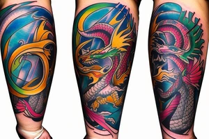 Dragon
forearm
separated by centre line
colourful tattoo idea