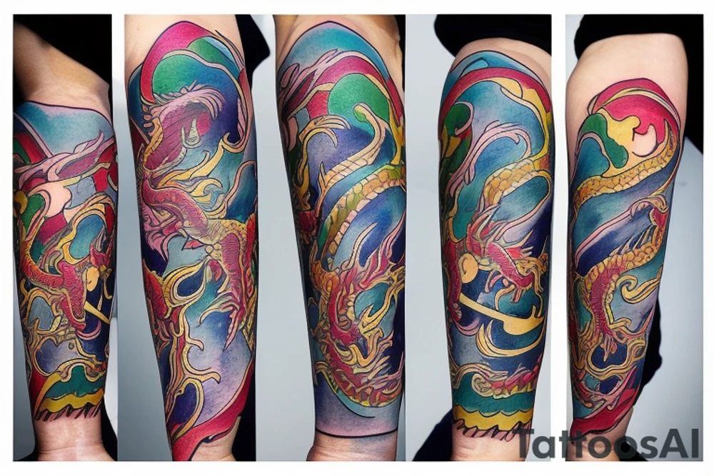 Dragon
forearm
separated by centre line
colourful tattoo idea