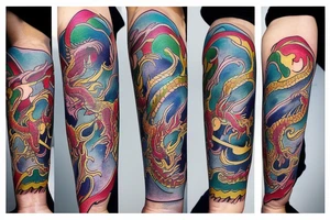 Dragon
forearm
separated by centre line
colourful tattoo idea