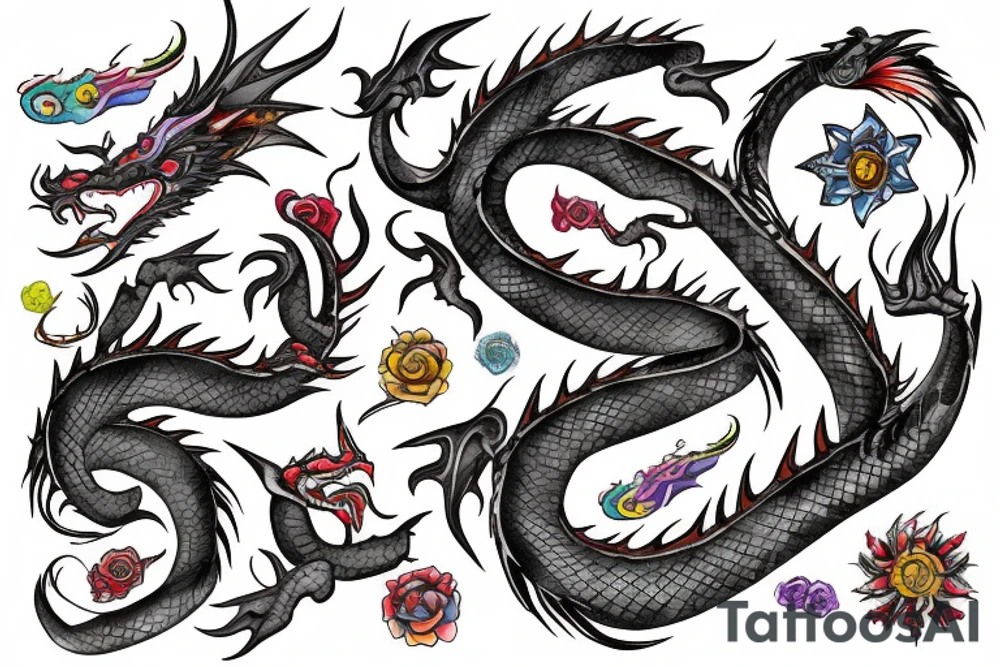 Dragon
forearm
separated by centre line
colourful tattoo idea