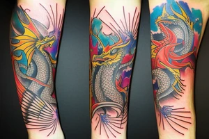 Dragon
forearm
separated by centre line
colourful tattoo idea
