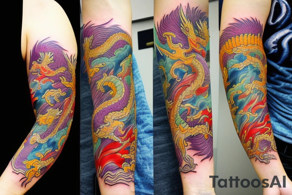 Dragon
forearm
separated by centre line
colourful tattoo idea