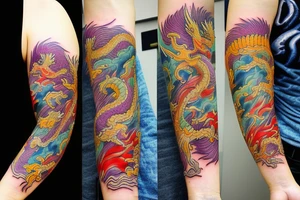 Dragon
forearm
separated by centre line
colourful tattoo idea