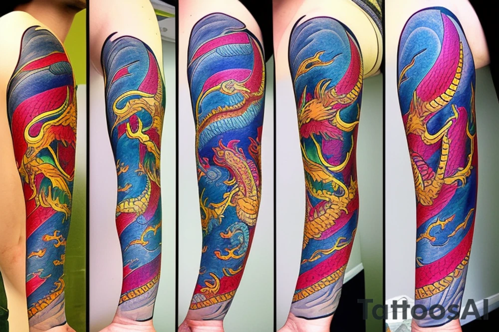 Dragon
forearm
separated by centre line
colourful tattoo idea