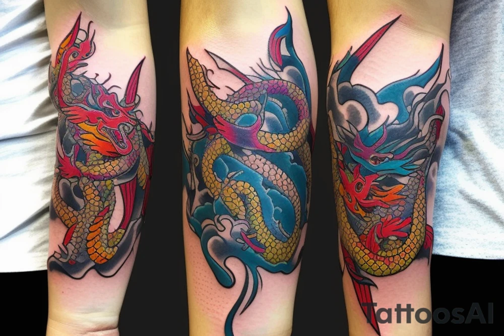 Dragon
forearm
separated by a centre line
colourful tattoo idea