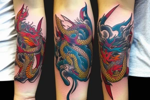 Dragon
forearm
separated by a centre line
colourful tattoo idea