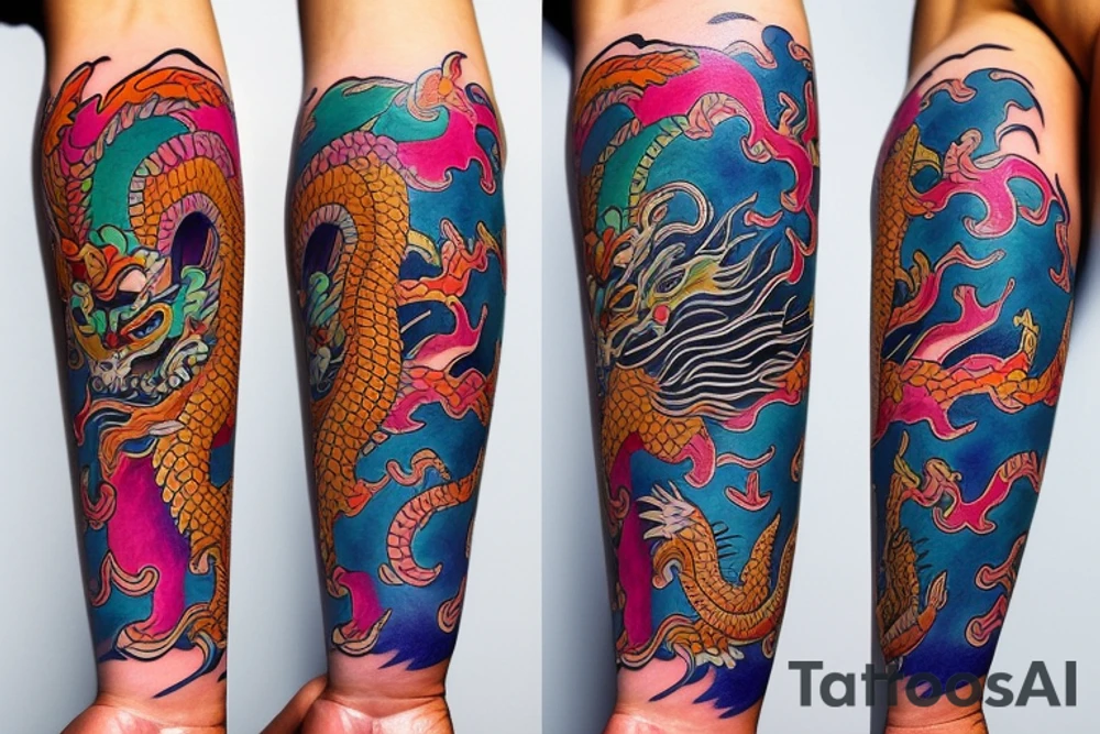 Dragon
forearm
separated by a centre line
colourful tattoo idea