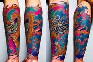 Dragon
forearm
separated by a centre line
colourful tattoo idea