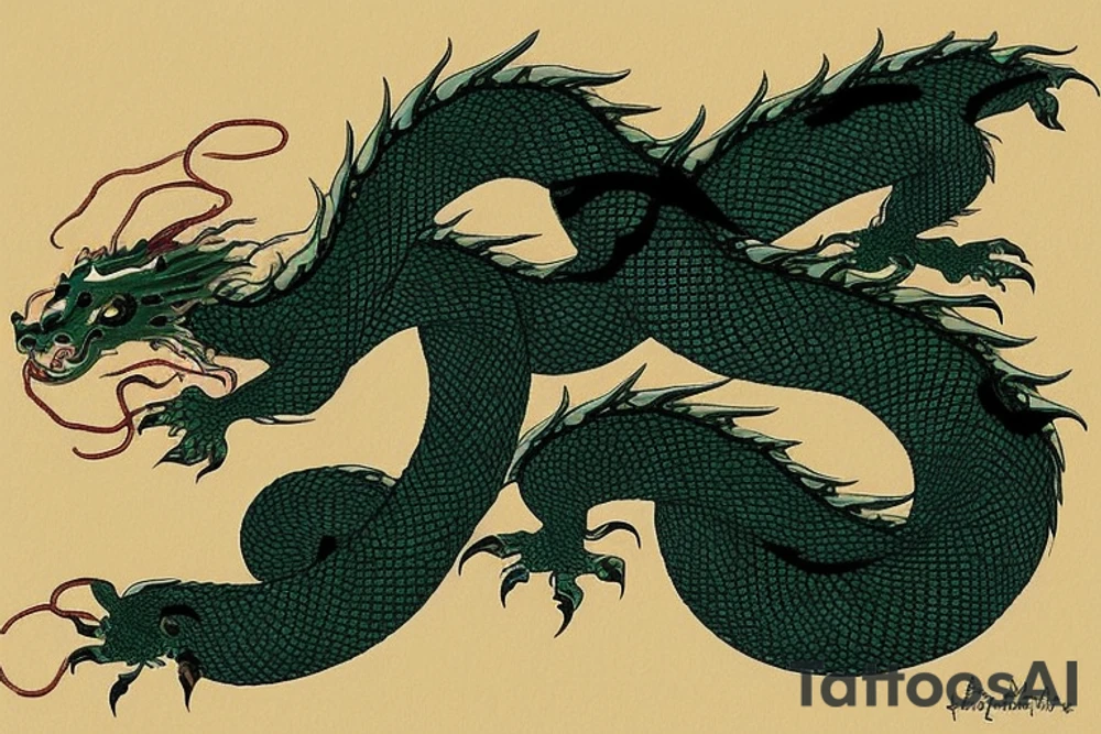 The dragon: The dragon is a Japanese-style dragon with a long, serpentine body and sharp claws. Its scales are dark green with gold accents, and it has large, expressive eyes. The dragon's head is perched on your shoulder, and its body wraps around your arm in a spiral. The dragon's mouth is open, as if it is roaring, and its tongue curls around your bicep.

The landscape: The dragon is set against a backdrop of snow-capped mountains, pine trees, and a blue sky. The mountains are in the distance, with the tallest peak in the center of the design. The trees are scattered throughout the landscape, and the snow is piled high on the ground. The sky is clear and bright, with a few wispy clouds.

The details: The dragon's scales are highly detailed, with intricate patterns and shading to give them depth and dimension. The claws are sharp and menacing, and the eyes are expressive and lifelike. The mountains and trees in the background are also highly detailed, with shading and texture to make them look realistic. The snow is also highly detailed, with each flake outlined to give it a crystalline appearance.

The colors: The dragon's scales are primarily dark green, with gold accents on the edges of the scales and around the eyes. The mountains are a pale blue-gray, and the trees are various shades of green. The snow is pure white, with shading to give it depth.

The movement: The dragon's body curves around your arm in a spiral, with its head and tail meeting at your shoulder. The dragon's wings are outstretched, as if it is in mid-flight. The movement of the dragon is causing the snow on the ground to spray up in a dramatic fashion, adding to the dynamic nature of the design. tattoo idea