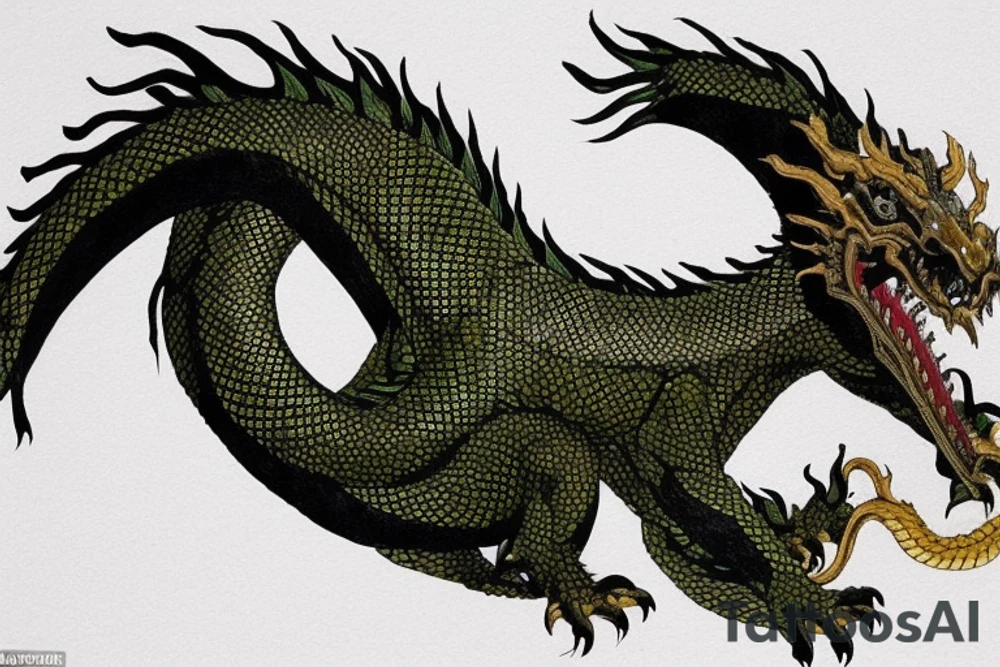 The dragon: The dragon is a Japanese-style dragon with a long, serpentine body and sharp claws. Its scales are dark green with gold accents, and it has large, expressive eyes. The dragon's head is perched on your shoulder, and its body wraps around your arm in a spiral. The dragon's mouth is open, as if it is roaring, and its tongue curls around your bicep.

The landscape: The dragon is set against a backdrop of snow-capped mountains, pine trees, and a blue sky. The mountains are in the distance, with the tallest peak in the center of the design. The trees are scattered throughout the landscape, and the snow is piled high on the ground. The sky is clear and bright, with a few wispy clouds.

The details: The dragon's scales are highly detailed, with intricate patterns and shading to give them depth and dimension. The claws are sharp and menacing, and the eyes are expressive and lifelike. The mountains and trees in the background are also highly detailed, with shading and texture to make them look realistic. The snow is also highly detailed, with each flake outlined to give it a crystalline appearance.

The colors: The dragon's scales are primarily dark green, with gold accents on the edges of the scales and around the eyes. The mountains are a pale blue-gray, and the trees are various shades of green. The snow is pure white, with shading to give it depth.

The movement: The dragon's body curves around your arm in a spiral, with its head and tail meeting at your shoulder. The dragon's wings are outstretched, as if it is in mid-flight. The movement of the dragon is causing the snow on the ground to spray up in a dramatic fashion, adding to the dynamic nature of the design. tattoo idea