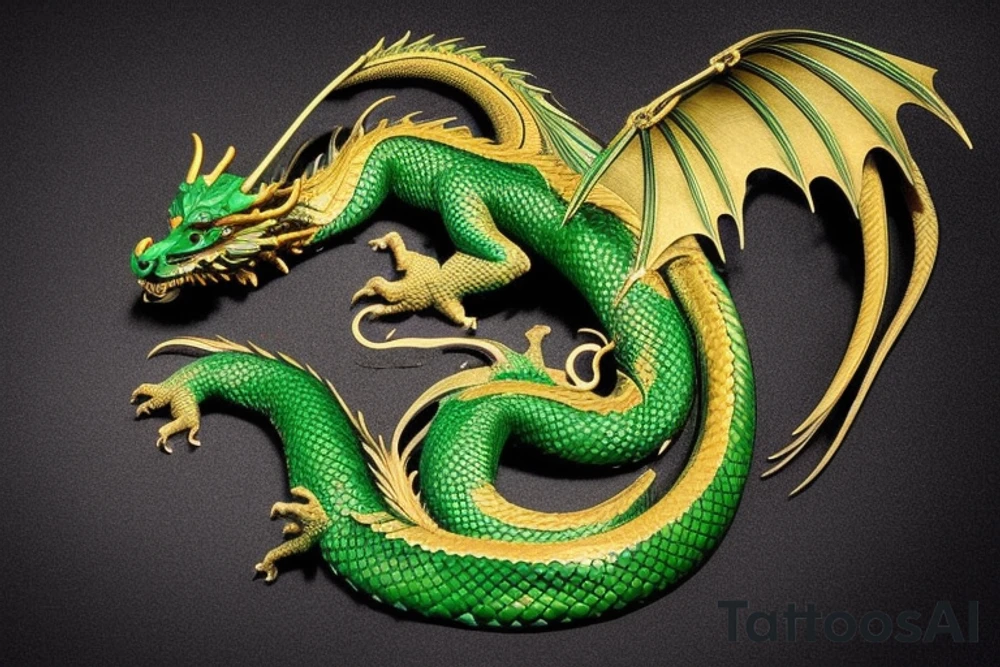 The dragon: The dragon is a Japanese-style dragon with a long, serpentine body and sharp claws. Its scales are dark green with gold accents, and it has large, expressive eyes. The dragon's head is perched on your shoulder, and its body wraps around your arm in a spiral. The dragon's mouth is open, as if it is roaring, and its tongue curls around your bicep.

The landscape: The dragon is set against a backdrop of snow-capped mountains, pine trees, and a blue sky. The mountains are in the distance, with the tallest peak in the center of the design. The trees are scattered throughout the landscape, and the snow is piled high on the ground. The sky is clear and bright, with a few wispy clouds.

The details: The dragon's scales are highly detailed, with intricate patterns and shading to give them depth and dimension. The claws are sharp and menacing, and the eyes are expressive and lifelike. The mountains and trees in the background are also highly detailed, with shading and texture to make them look realistic. The snow is also highly detailed, with each flake outlined to give it a crystalline appearance.

The colors: The dragon's scales are primarily dark green, with gold accents on the edges of the scales and around the eyes. The mountains are a pale blue-gray, and the trees are various shades of green. The snow is pure white, with shading to give it depth.

The movement: The dragon's body curves around your arm in a spiral, with its head and tail meeting at your shoulder. The movement of the dragon is causing the snow on the ground to spray up in a dramatic fashion, adding to the dynamic nature of the design. tattoo idea