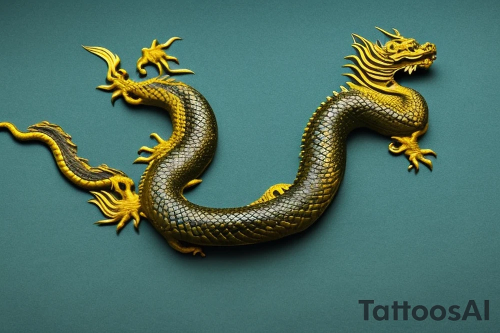 The dragon: The dragon is a Japanese-style dragon with a long, serpentine body and sharp claws. Its scales are dark green with gold accents, and it has large, expressive eyes. The dragon's head is perched on your shoulder, and its body wraps around your arm in a spiral. The dragon's mouth is open, as if it is roaring, and its tongue curls around your bicep.

The landscape: The dragon is set against a backdrop of snow-capped mountains, pine trees, and a blue sky. The mountains are in the distance, with the tallest peak in the center of the design. The trees are scattered throughout the landscape, and the snow is piled high on the ground. The sky is clear and bright, with a few wispy clouds.

The details: The dragon's scales are highly detailed, with intricate patterns and shading to give them depth and dimension. The claws are sharp and menacing, and the eyes are expressive and lifelike. The mountains and trees in the background are also highly detailed, with shading and texture to make them look realistic. The snow is also highly detailed, with each flake outlined to give it a crystalline appearance.

The colors: The dragon's scales are primarily dark green, with gold accents on the edges of the scales and around the eyes. The mountains are a pale blue-gray, and the trees are various shades of green. The snow is pure white, with shading to give it depth.

The movement: The dragon's body curves around your arm in a spiral, with its head and tail meeting at your shoulder. The movement of the dragon is causing the snow on the ground to spray up in a dramatic fashion, adding to the dynamic nature of the design. tattoo idea