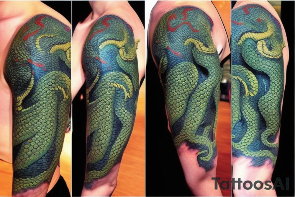 Shoulder sleeve tattoo

The dragon: The dragon is a Japanese-style dragon with a long, serpentine body and sharp claws. Its scales are dark green with gold accents, and it has large, expressive eyes. The dragon's head is perched on your shoulder, and its body wraps around your arm in a spiral. The dragon's mouth is open, as if it is roaring, and its tongue curls around your bicep.

The landscape: The dragon is set against a backdrop of snow-capped mountains, pine trees, and a blue sky. The mountains are in the distance, with the tallest peak in the center of the design. The trees are scattered throughout the landscape, and the snow is piled high on the ground. The sky is clear and bright, with a few wispy clouds.

The details: The dragon's scales are highly detailed, with intricate patterns and shading to give them depth and dimension. The claws are sharp and menacing, and the eyes are expressive and lifelike. The mountains and trees in the background are also highly detailed, with shading and texture to make them look realistic. The snow is also highly detailed, with each flake outlined to give it a crystalline appearance.

The colors: The dragon's scales are primarily dark green, with gold accents on the edges of the scales and around the eyes. The mountains are a pale blue-gray, and the trees are various shades of green. The snow is pure white, with shading to give it depth.

The movement: The dragon's body curves around your arm in a spiral, with its head and tail meeting at your shoulder. The movement of the dragon is causing the snow on the ground to spray up in a dramatic fashion, adding to the dynamic nature of the design. tattoo idea